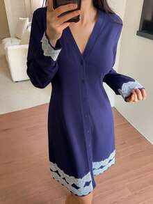 DAZY 迷人針織拼色蕾絲拼接女款浴袍睡衣 - 寶藍色 - 查看 3