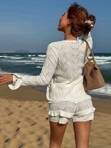 Nevyona White Casual Rib-Knit Sweater Co-Ords For Women Semi-Sheer Long Sleeve Plain Regular Length Loungewear Set - White - View 2