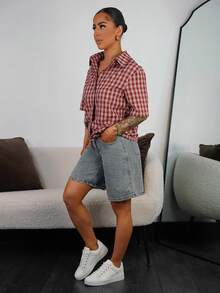 SAYEHFBABY Streetwear Women Plaid Zip Pocket Short Sleeve Shirt - Burgundy - View 4
