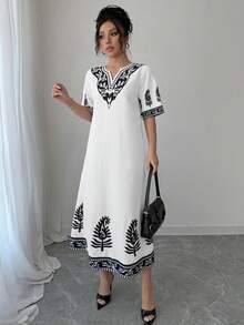 Selianne 女士优雅印花V领短袖A字连衣裙，春夏款 - 彩色 - 查看 4