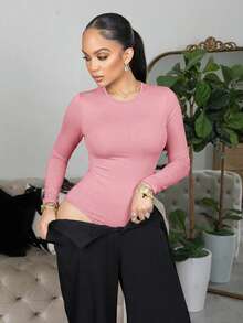 Melissa Matos Bodysuit Wanita Slim Fit Polos untuk Musim Semi, Wanita Bertubuh Mungil - Berwarna merah muda - View 4