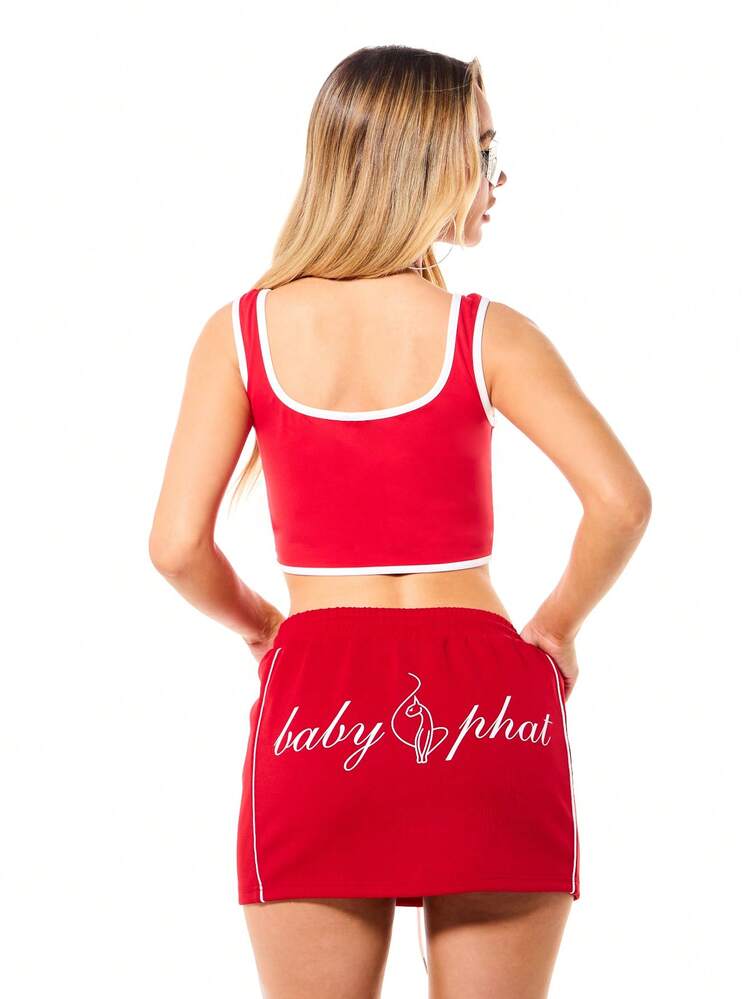 BABYPHAT Women's Red Jersey Square Neck Crop Top With White Contrast Binding Logo Print Tank Summer Casual Sleeveless