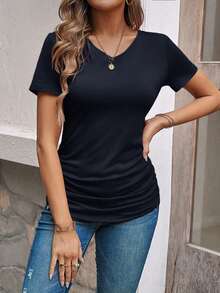 EMERY ROSE Kaos Wanita Lengan Pendek Polos Berlipit Kasual Serbaguna untuk Sehari-hari, Warna Biru Tua, Musim Panas - Navy Blue - View 5