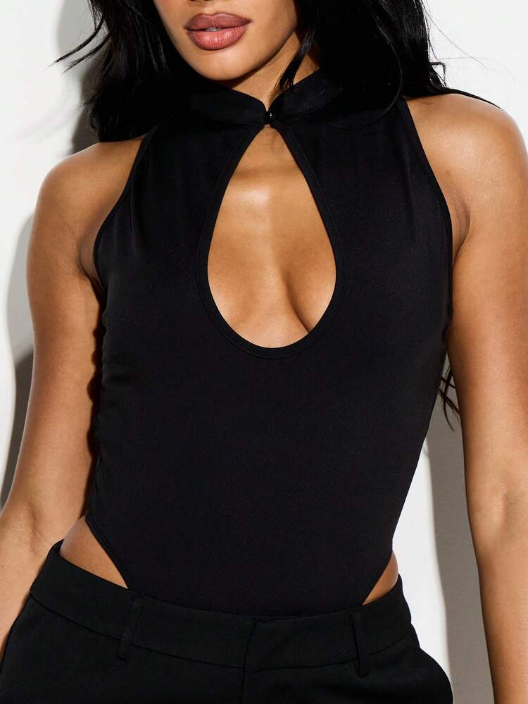 KIZN Women's High Neck Keyhole Cutout Sleeveless Bodysuit With Tie Detail Black Form Fitting Stretch Casual Party Evening Wear