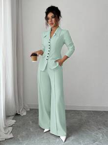 Elenzga Women's Apricot Thick Fabric V-Neck Blazer Design Black Contrast Button Fake Pocket Teacher Uniform Elegant Professional Outfit, Thanksgiving Halloween Atmosphere, Autumn New Arrival Fashionable Essential Sophisticated Long Sleeve Waist Cinched Loose Straight Leg Pants 2-Piece Set - Mint Green - View 4