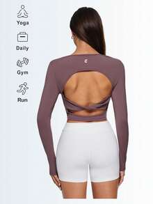 Eassivo Eassivo Women's Open Back Long Sleeve Sports Top,Dusty Mauve Criss Cross Back Sport Crop Shirt,Athleisure Gym Crop Top,Maroon Autumn Criss-Cross Sports Top - Coffee Brown - View 8