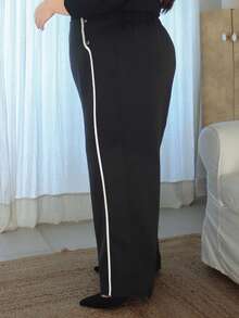 Pretty and Ole Pantalones rectos de talla grande para mujer con ribete de contraste - Negro - Ver 5