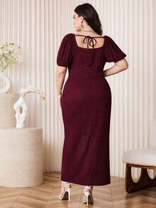 Modelyn Plus Size Women Solid Color Split Design Ruched Waist Elegant Party Dress - Burgundy - View 2