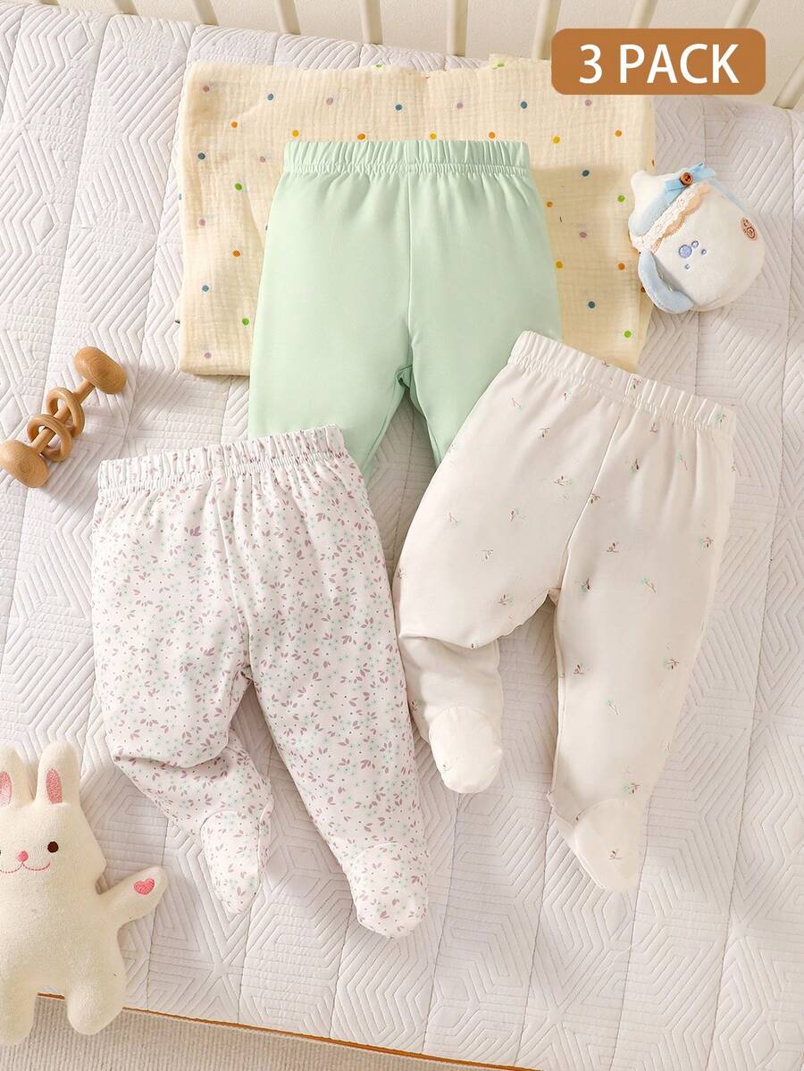 SHEIN 3件/組新生女嬰可愛連腳褲,素色 + 花卉 + 迷你印花,春/秋季嬰兒保暖腿套嬰兒褲套裝嬰兒衣中性新生兒褲嬰兒連腳褲 - 彩色 - 查看 1