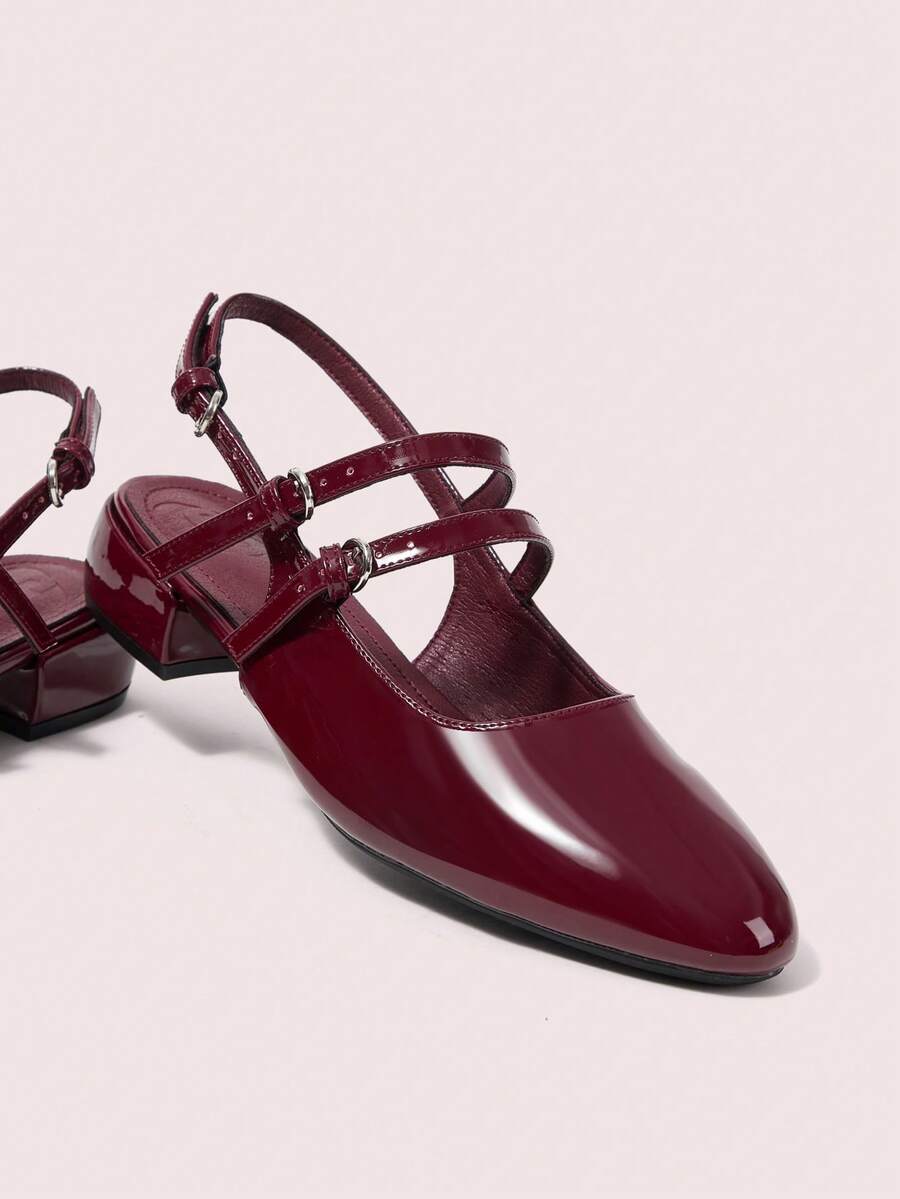 CUCCOO DOLLMOD 女士圆头酒红色漆皮双扣低跟甜美酷炫学院风玛丽珍后跟镂空搭扣高跟凉鞋 - 酒紅色 - 查看 1
