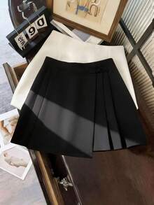 Franclia 新款中国风女士夏季套装半身裙，纽扣闭合，高腰，显瘦，褶裥A字裙，黑色 - 黑色 - 查看 1