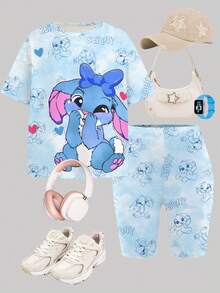 2pcs Tween Girls' Casual Cute Cartoon Rabbit & Stitch Print Round Neck Short Sleeve T-Shirt And Tie-Dye Bike Shorts Set,Aqua Blue Summer Daily Wear - Multicolor - View 3