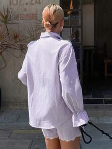 DAZY 度假条纹蕾丝荷叶边宽松衬衫式女士睡衣套装 - 紫色 - 查看 2