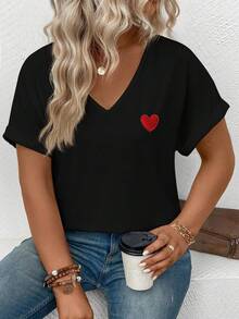 EMERY ROSE Kaos Kasual Wanita Ukuran Besar Model V-Neck Lengan Manset Motif Hati, Musim Semi/Panas - Hitam - View 4