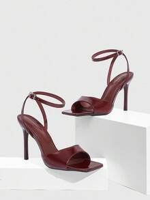 CUCCOO SZL 女士方头搭扣设计优雅时尚高跟凉鞋 - 鏡酒紅色 - 查看 3