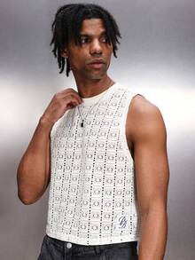 PLAYBOY X SUMWON White Crochet Knit Sleeveless Tank Top Regular Fit Crew Neck Summer Casual Holiday Shop Textured Men's Vest - White - View 4