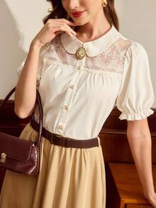 Vintamour Áo kiểu nữ cổ điển thanh lịch, kiểu dáng ôm sát, phối ren, tay ngắn, cài khuy kim loại, màu mơ, thích hợp cho mùa xuân/hè. - Màu be - Xem 3