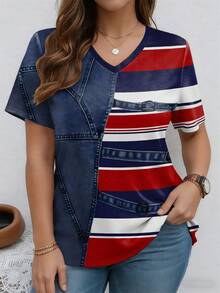 EMERY ROSE Camiseta casual de talla grande con cuello en V, de manga corta, con estampado y rayas, para primavera - Multicolor - Ver 1