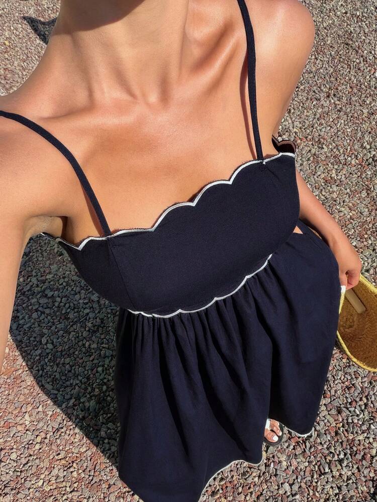 Vestido Longo de Verão com Alça Babado e Contraste de Cor, Elegante Estilo de Férias - Azul Marinho - Visão 1