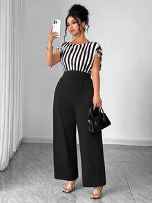 Elenzga Bộ jumpsuit ống rộng phối sọc thanh lịch dành cho nữ cỡ lớn, thích hợp cho công sở và mặc hàng ngày. - Nhiều màu - Xem 4
