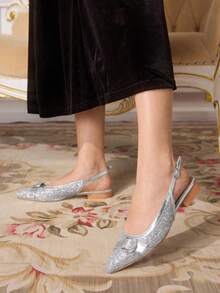 CUCCOO TILAWA Women's Glitter Material Buckle Design Silver Pointed Toe High Heels, Suitable For Party And Daily Wear, Photo Shooting - Silver - View 5
