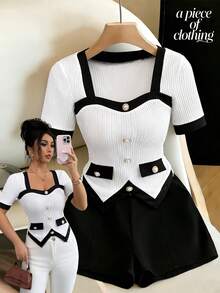 SHEIN Elenzya Women's Casual Patchwork Single-Breasted Short Sleeve T-Shirt, Versatile For Daily Wear - Black and White - View 1