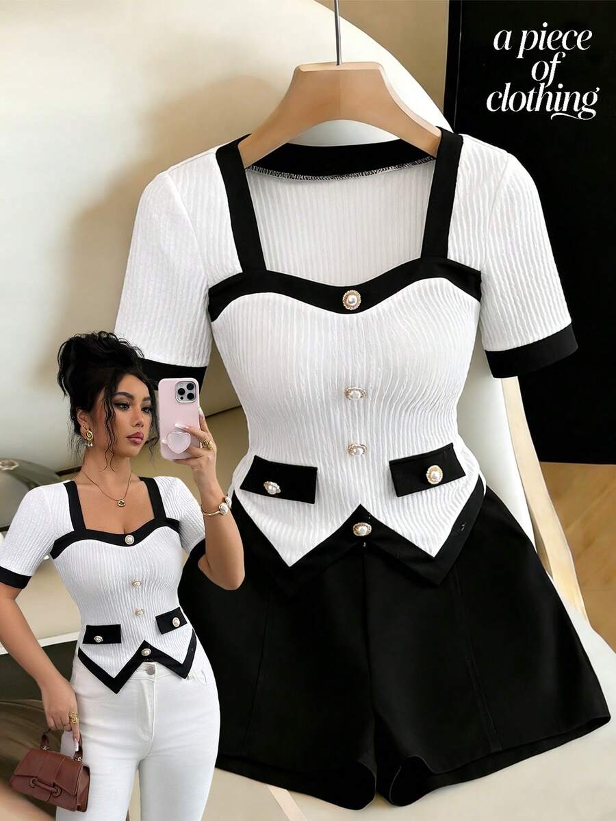 SHEIN Elenzya Women's Casual Patchwork Single-Breasted Short Sleeve T-Shirt, Versatile For Daily Wear - Black and White - View 1