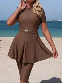 Swim Mulvari High-End Elegant Solid Color Shell Design Bikini Swimwear, Spring/Summer Conservative Beach Outfit For Women - Brown - View 4