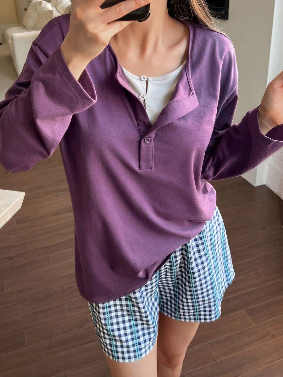DAZY Women's Long Sleeve Top And Plaid Shorts Pajama Set - Purple - View 1