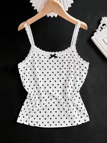 SHEIN Débardeur à pois en dentelle française pour préadolescentes, design vintage français, convient pour les occasions décontractées, à la maison, à la plage, en extérieur l'été - Noir et Blanc - Voir 7