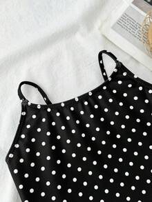 SHEIN 女童波点针织休闲连体泳衣，可爱连体泳衣，黑色女童波点泳衣，可爱泳装，时尚优雅休闲，适合游泳、度假、夏季穿着，女童夏季套装，女童泳衣套装，连体泳衣，泳衣套装 - 黑與白 - 查看 4