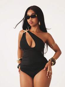 Coolane Leotardo asimétrico negro con cuello fruncido, estilo chic de streetwear primaveral/veraniego Y2K para vacaciones tropicales de la mujer - Negro - Ver 1