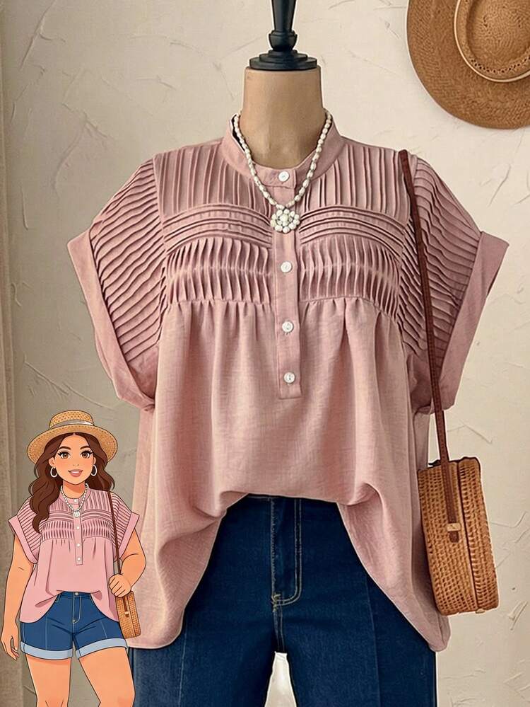 Plus Plus Size Women's Summer Casual Vacation Country Pleated Decor Short Sleeve Loose Fit Solid Color Pink Blouse For Summer/ Vacation, Holiday,Spring Break, Going Out,2026 New,Simple And Fashionable For Everyday Wear,Casual Vacation Boho Top