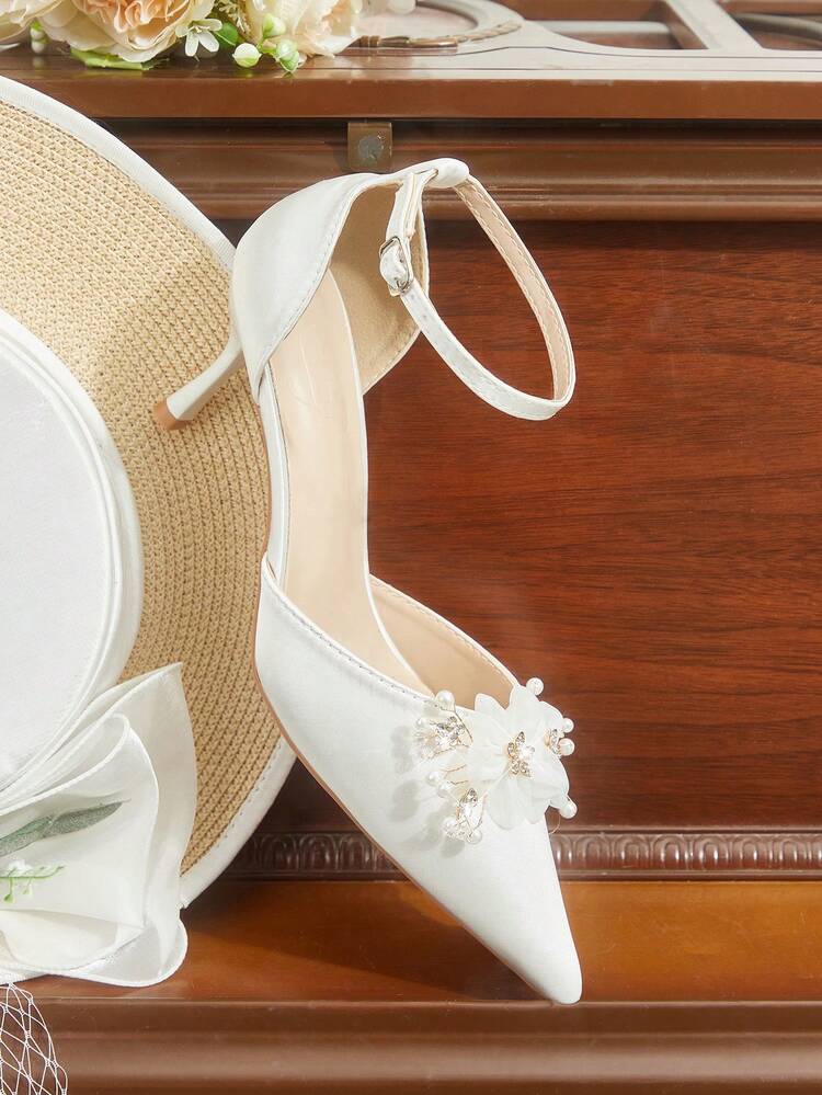 CUCCOO HITCHD Women Shoes Summer And Summer New Fairy Flower Pearl Decoration Pointed Tip Thin Heel Middle Heel Back Bag Buckle 6cm Women's High Heel Shoes Elegant Satin Solid Color Wedding Shoes Dating Party Valentine's Day Summer Shoes Wedding Shoes Bride Shoes