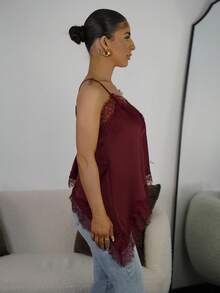 SAYEHFBABY Red Elegant Lace Trim Camisole Top For Women, Asymmetric Hem Party Going Out Top - Burgundy - View 6