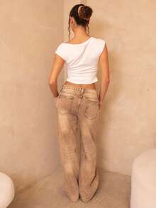 juhmazzocco Quần jeans ống đứng cạp thấp cho nữ, phong cách đường phố thường ngày, quần jeans cạp thấp - màu nâu - Xem 2
