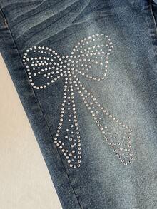 Flirla Women's Pocket Button Rhinestone Bow Design Casual Versatile Flare Leg Jeans - Light Wash - View 5