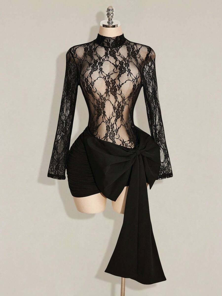 SHEIN ICON Women's Fashion Contrast Lace Bow Decor Sheer Red Formal Vacation Wedding Birthday Valentines Day Party Date Nigh Mini Dress,Black For Women - Black - View 1