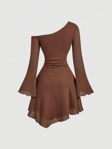 SHEIN MOD 女士纯色不对称肩部喇叭袖多层纹理面料不对称下摆连衣裙，适合夏季度假 - 巧克力棕 - 查看 5