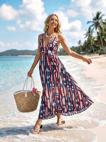 Sylviya Women's Summer Red White And Blue Geometric Print Maxi Dress,Boho Casual V Neck Sundresses For Vacation,Holiday Beach Outfits,Cruise Hawaii Dresses - Multicolor - View 4