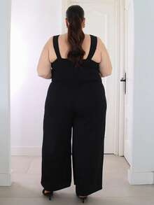 Pretty and Ole Plus Size Elegant Sexy Party Jumpsuit, Fitted Camisole With Gorgeous Pearl Decor, Slimming - Black - View 2