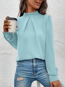 EMERY ROSE Elegant Commuter Solid Color Mandarin Collar Lantern Sleeve Blouse - Blue - View 3
