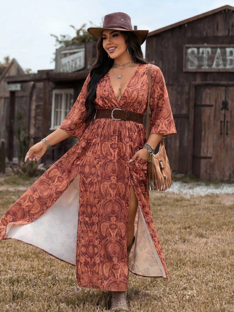 midi western dress for women party wear Women's Solid V-Neck A-Line Maxi Western Dress for Women