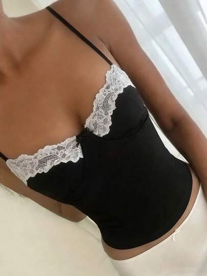 INAWLY Áo hai dây phối ren tương phản màu sắc trang nhã cho mùa hè