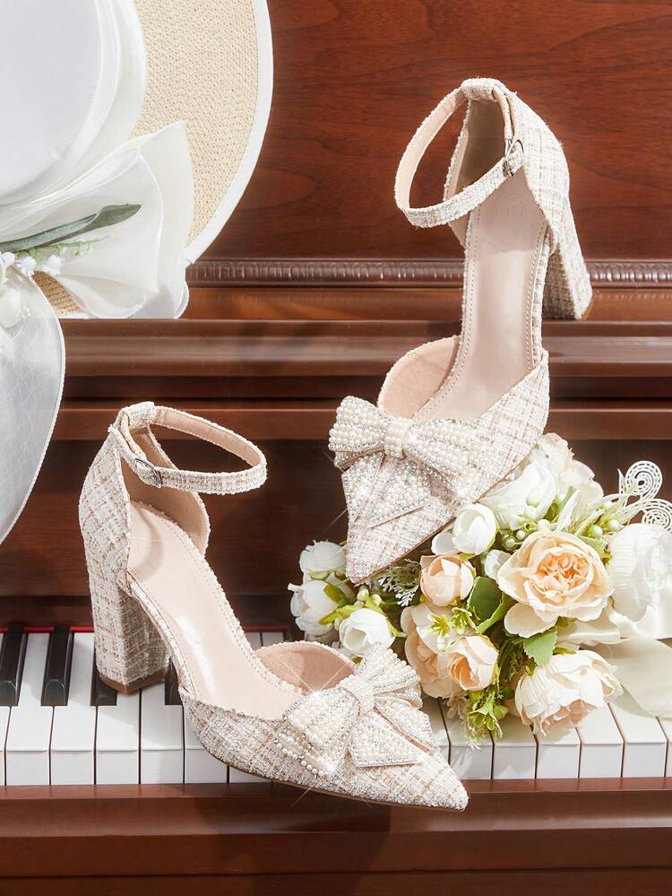 CUCCOO HITCHD Women Shoes Summer And Summer Faux Pearl Bow Pointed Thick Heel 9.5cm Women's High Heel Shoes Solid Color Dating Wedding Versatile Not Tired Feet Elegant And Skinny Fashion New Summer Shoes Wedding Shoes Bride Shoes