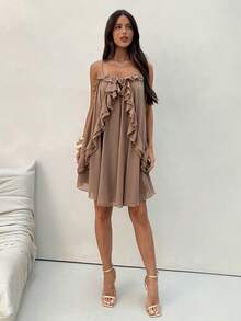 Aloruh Camel Chiffon Woven Spaghetti Strap Ruffle Hem Dress - Khaki - View 7
