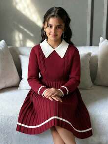SHEIN Tween Girl Casual Jacquard Ruffle Collar Long Sleeve Knit Dress, Red Dress, Suitable For Christmas, New Year Party, Preppy Style, Daily Wear - Red - View 1