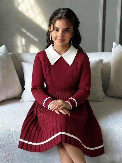 SHEIN Vestido de punto de manga larga con cuello de volantes de jacquard informal para niña preadolescente, vestido rojo, adecuado para Navidad, fiesta de Año Nuevo, estilo preppy, uso diario