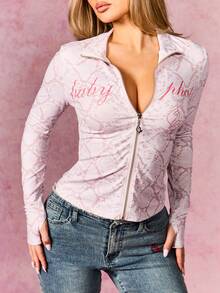 BABYPHAT 长袖拉链针织上衣，蛇纹印花图案，拉链闭合，翻领设计，时尚上衣 - 彩色 - 查看 5