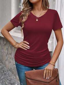 EMERY ROSE Casual Solid Color Ruched T-Shirt, Versatile For Summer Occasion Dark Burgundy - Red - View 6